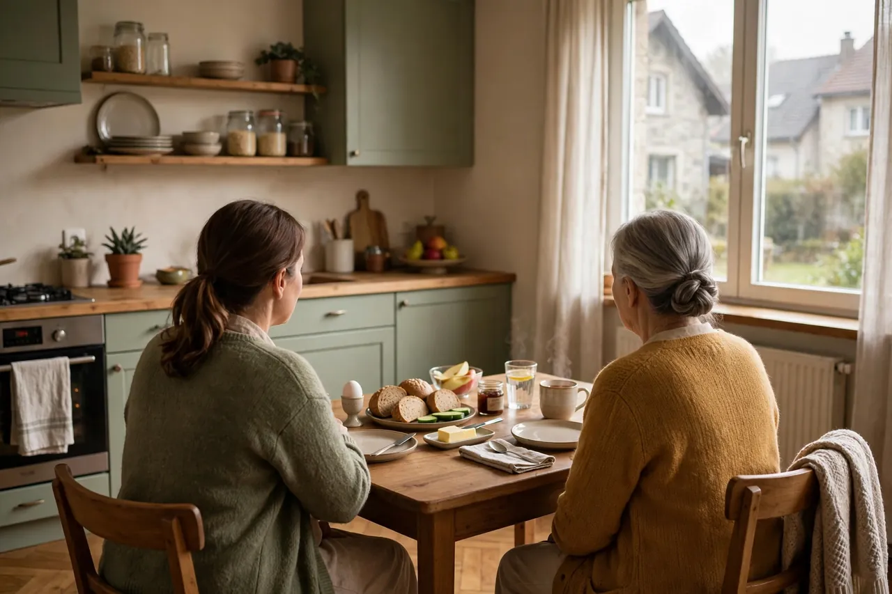 Betreuungskraft und Seniorin sitzen gemeinsam am Frühstückstisch in einer hellen Küche