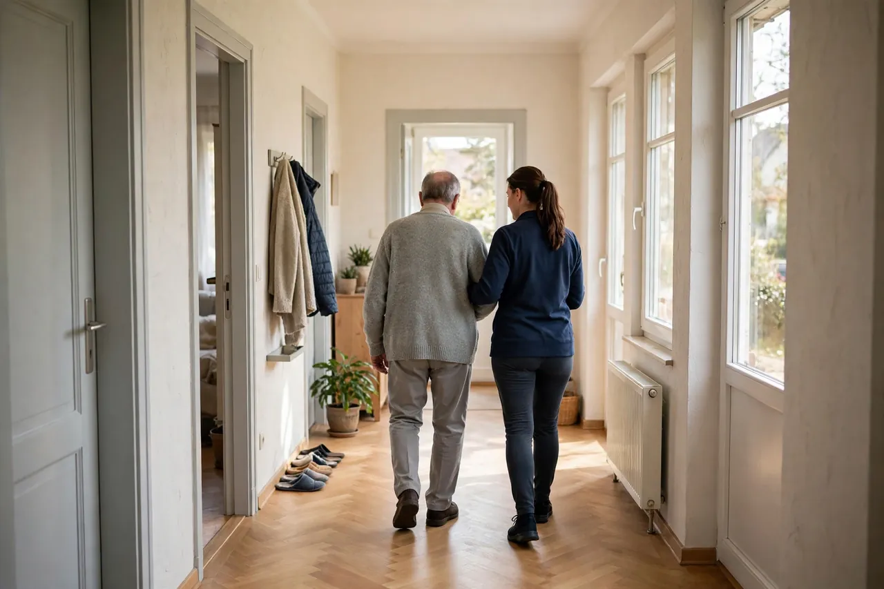 Betreuungskraft begleitet einen Senior sicher durch den hellen Flur seiner Wohnung