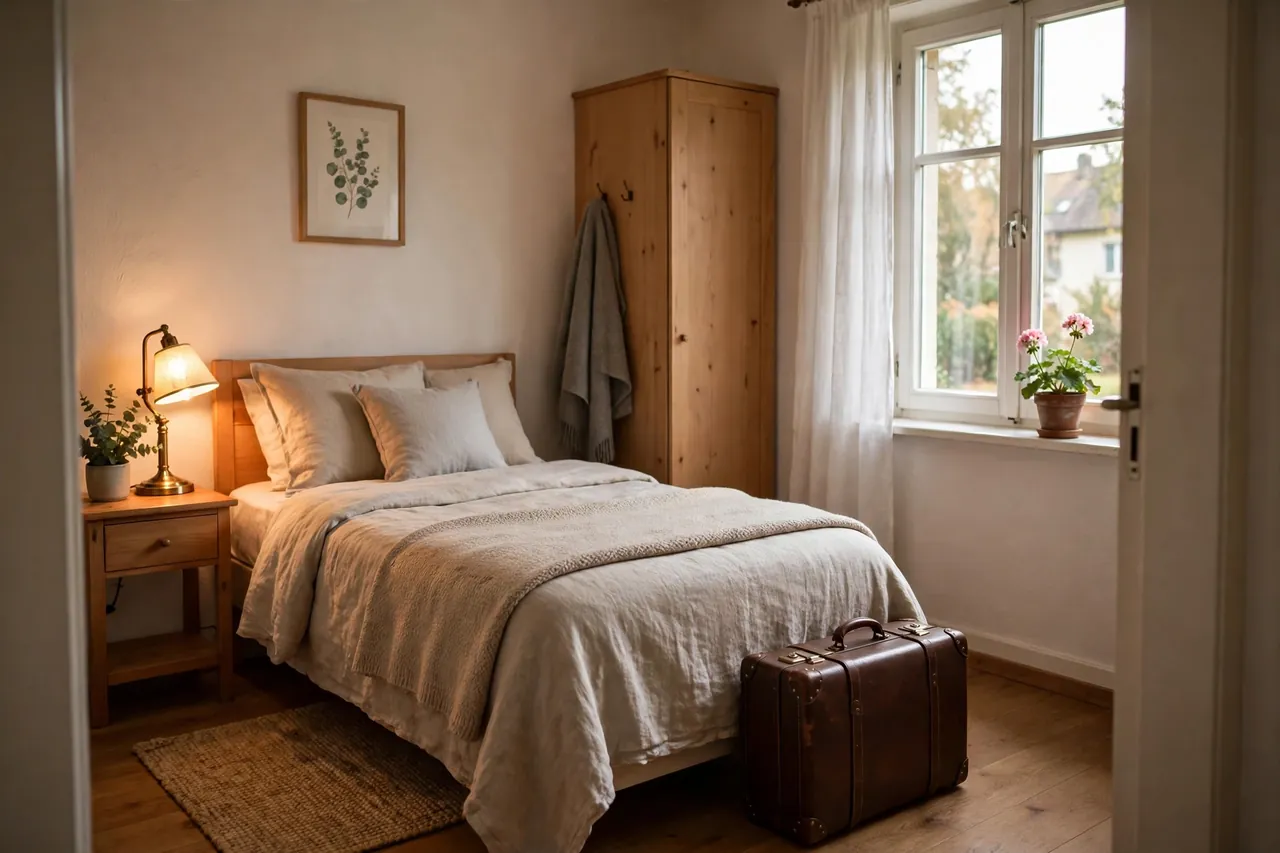 Gemütliches Gästezimmer mit Bett und Koffer, vorbereitet für eine Betreuungskraft