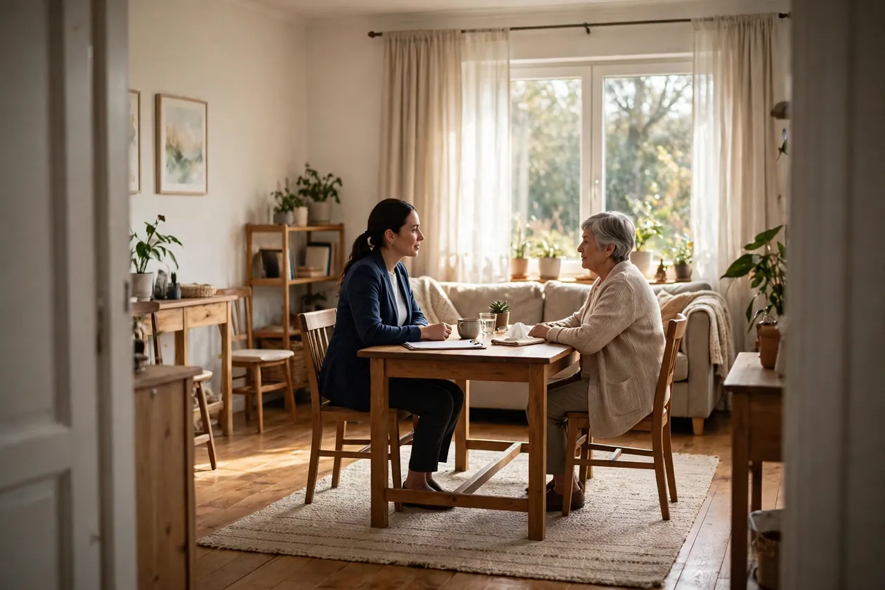 Gutachterin sitzt aus Distanz mit Klemmbrett am Wohnzimmertisch einer älteren Frau gegenüber
