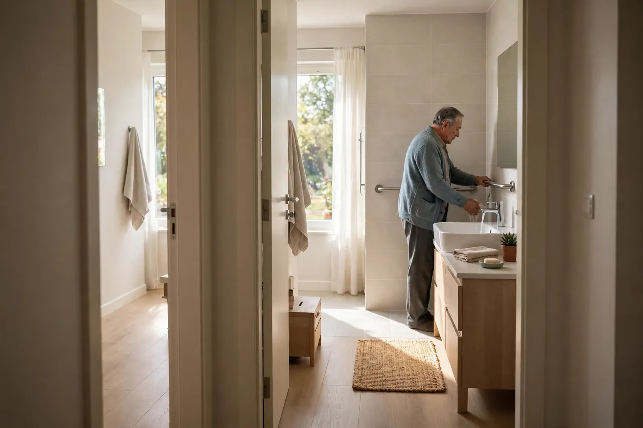 Älterer Mann zeigt seitlich im Badezimmer, wie er sich am Waschbecken sicher festhält