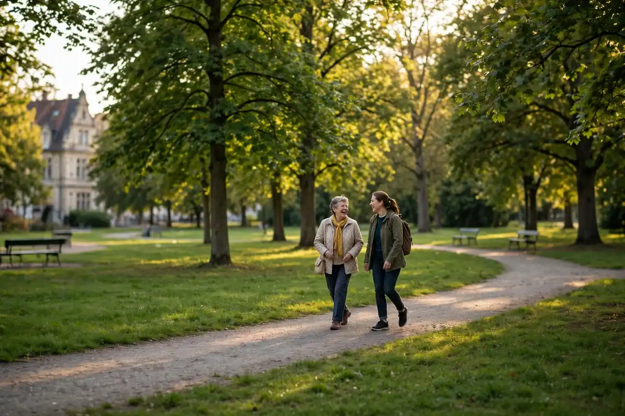 Begleitperson und Seniorin lachen bei einem Spaziergang im Park