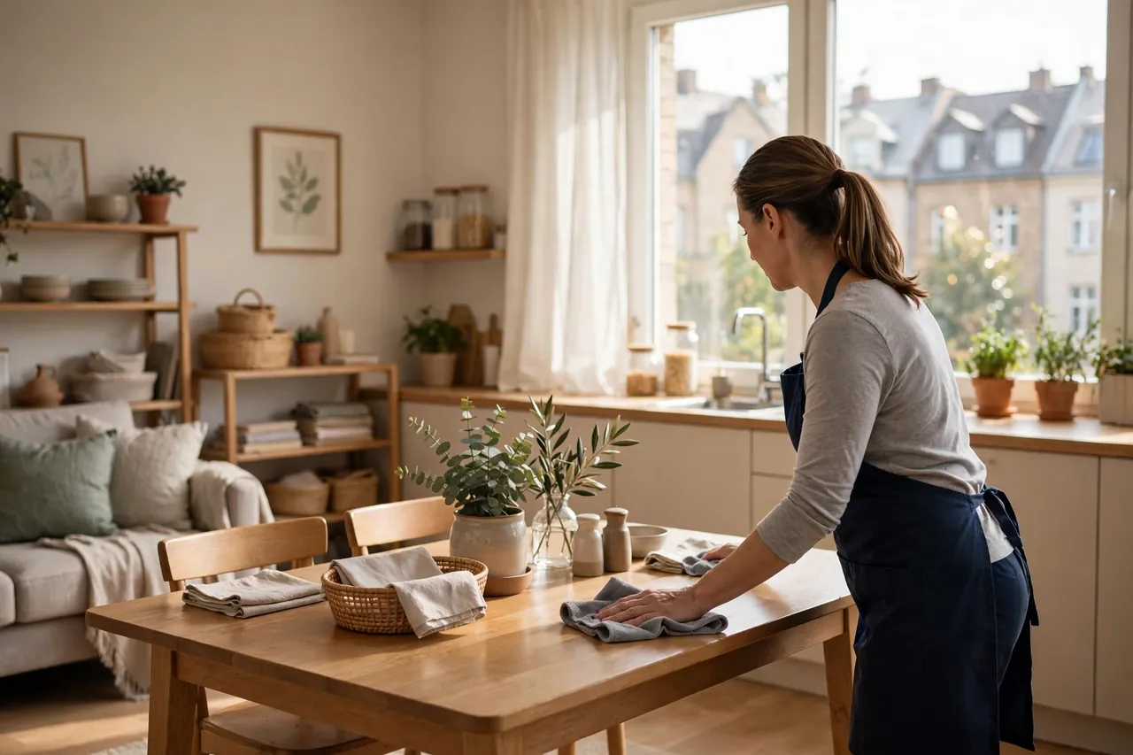 Haushaltshilfe wischt freundlich einen Tisch in einer hellen Wohnung