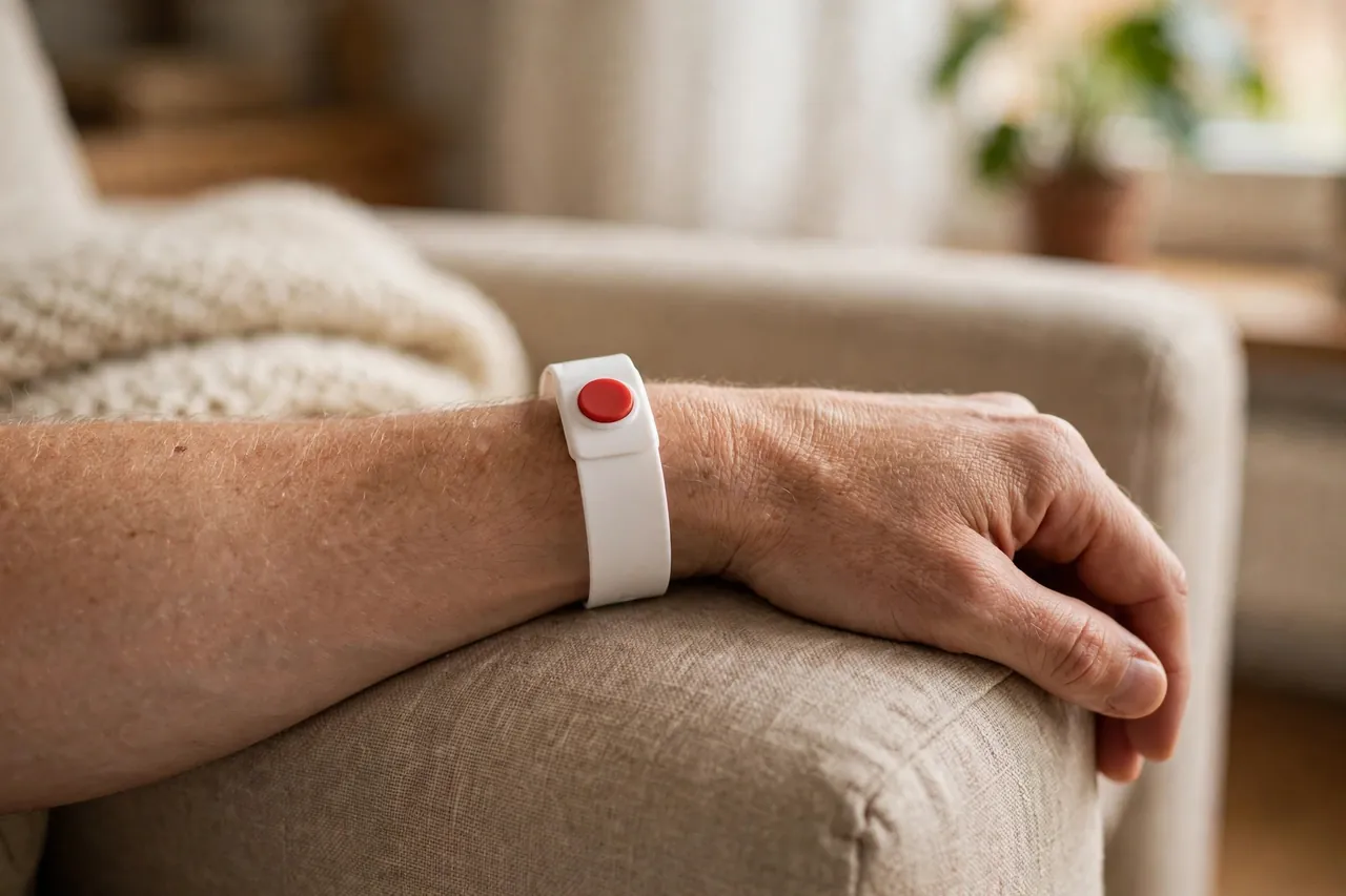 Handgelenk mit weißem Hausnotruf-Armband und rotem Knopf ruht auf einer Sessellehne