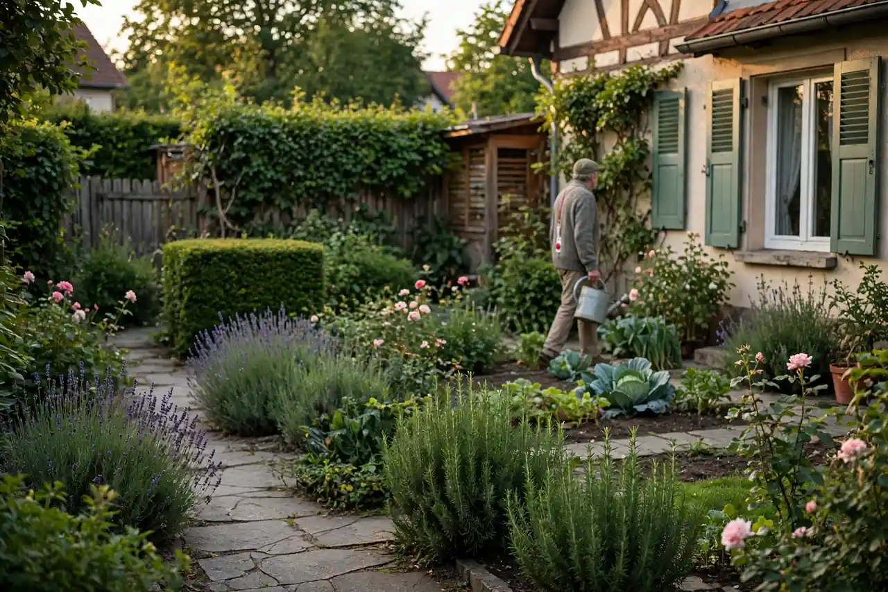 Senior mit Notruf-Anhänger und Gießkanne geht durch seinen gepflegten Garten am Haus