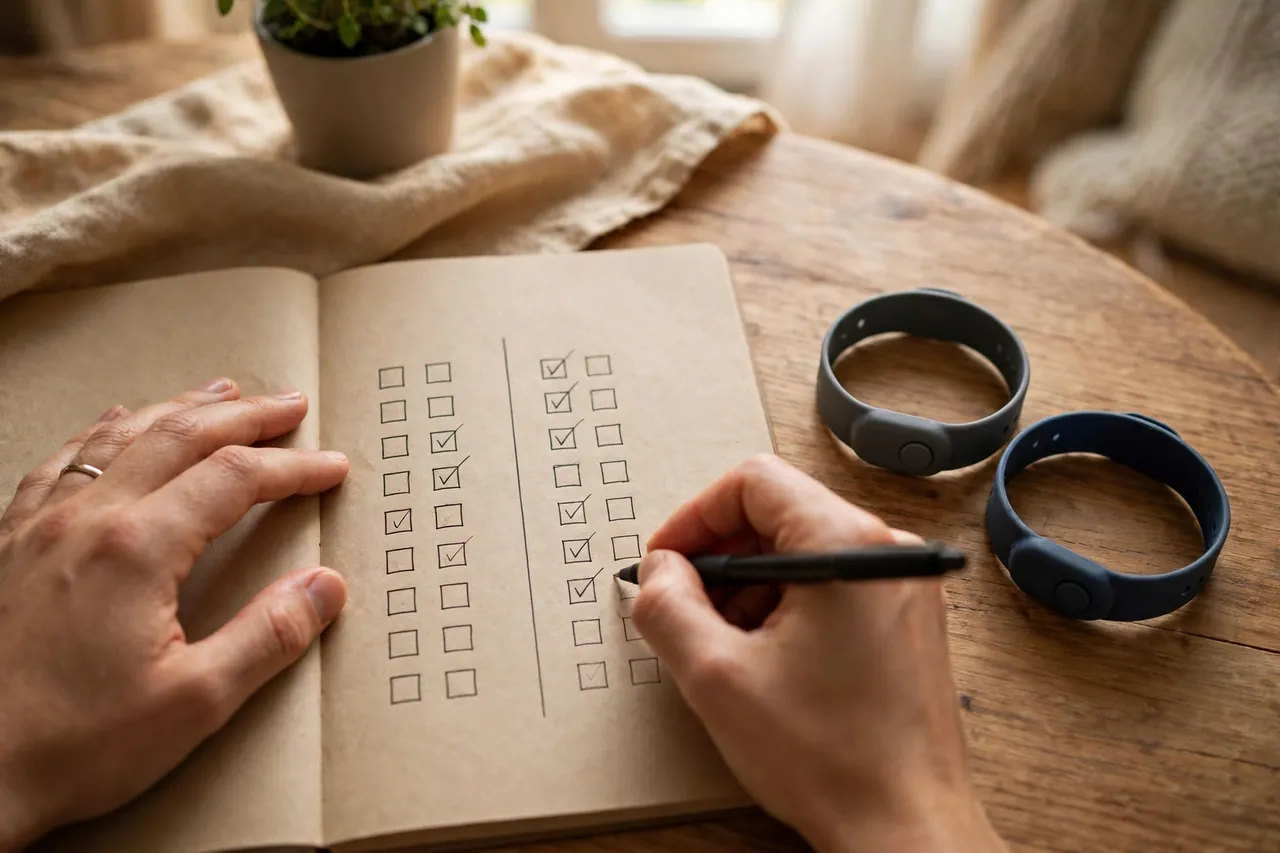 Hände schreiben eine Vergleichs-Checkliste in ein Notizbuch, daneben zwei Notruf-Armbänder