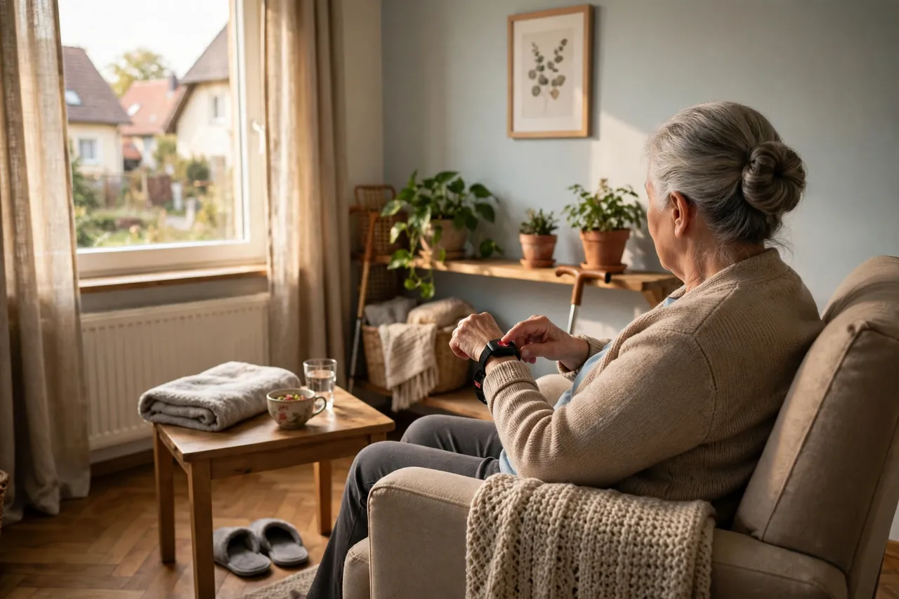 Seniorin drückt im Sessel sitzend den Knopf ihres Hausnotruf-Armbands am Handgelenk