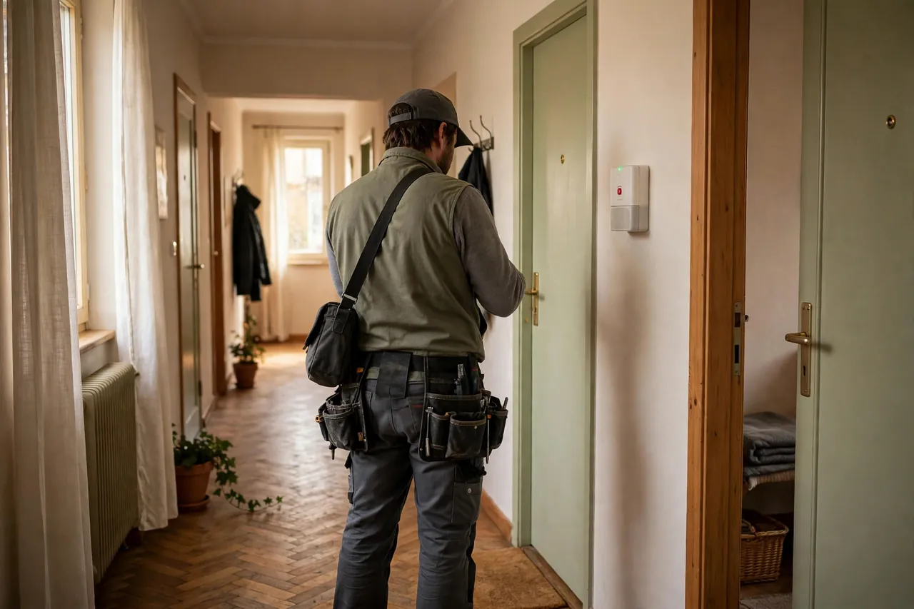 Techniker installiert eine kleine Hausnotruf-Basisstation an der Wand im Flur