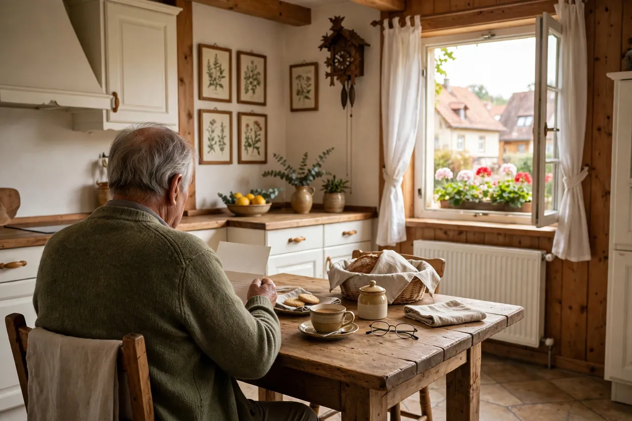 Senior liest in Ruhe einen Brief am Küchentisch bei einer Tasse Tee