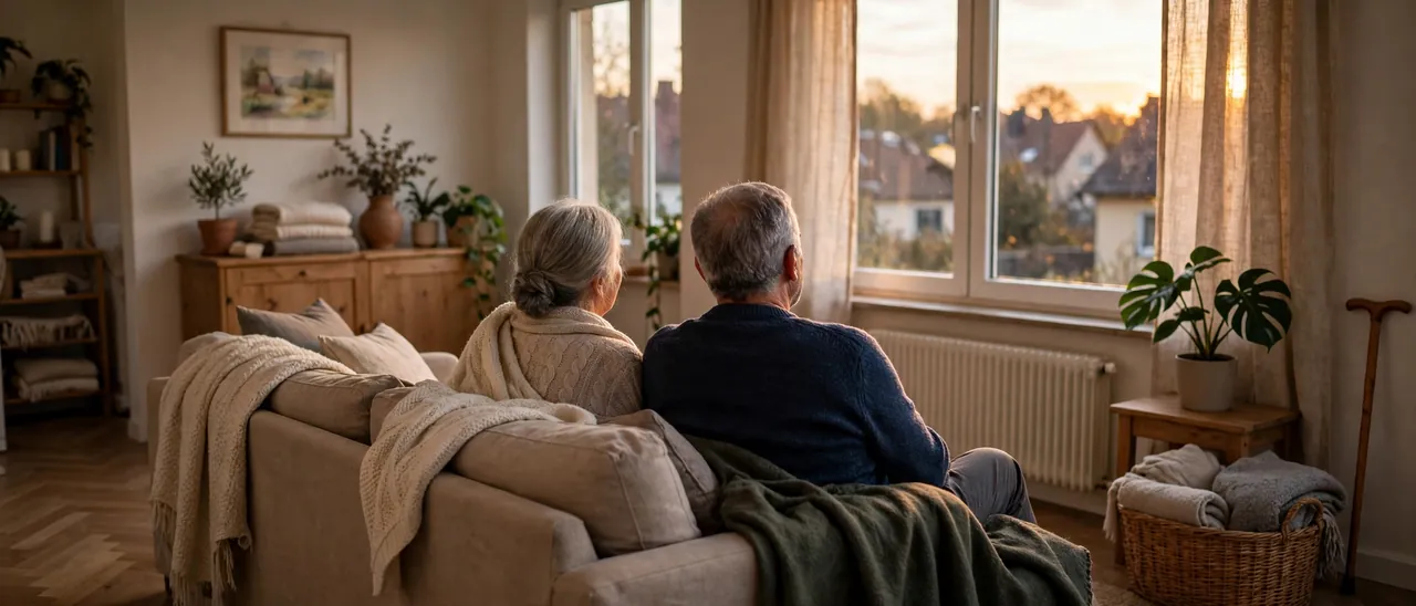 Älteres Paar sitzt entspannt und lächelnd zu Hause auf dem Sofa
