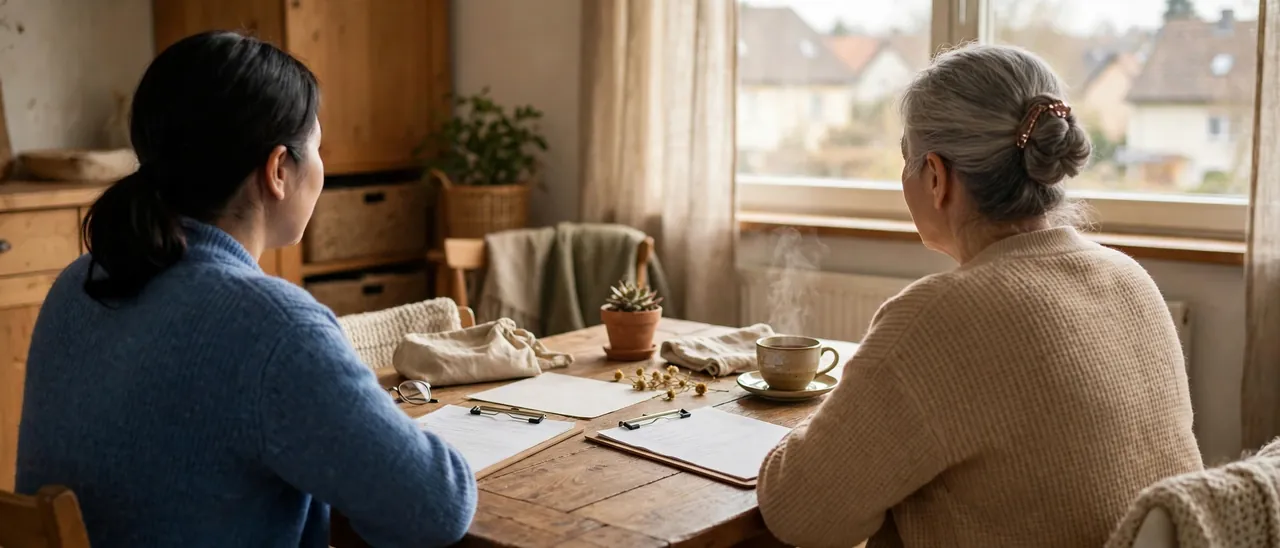 Ruhige Beratungssituation am Tisch mit Formularen und einer Tasse Tee