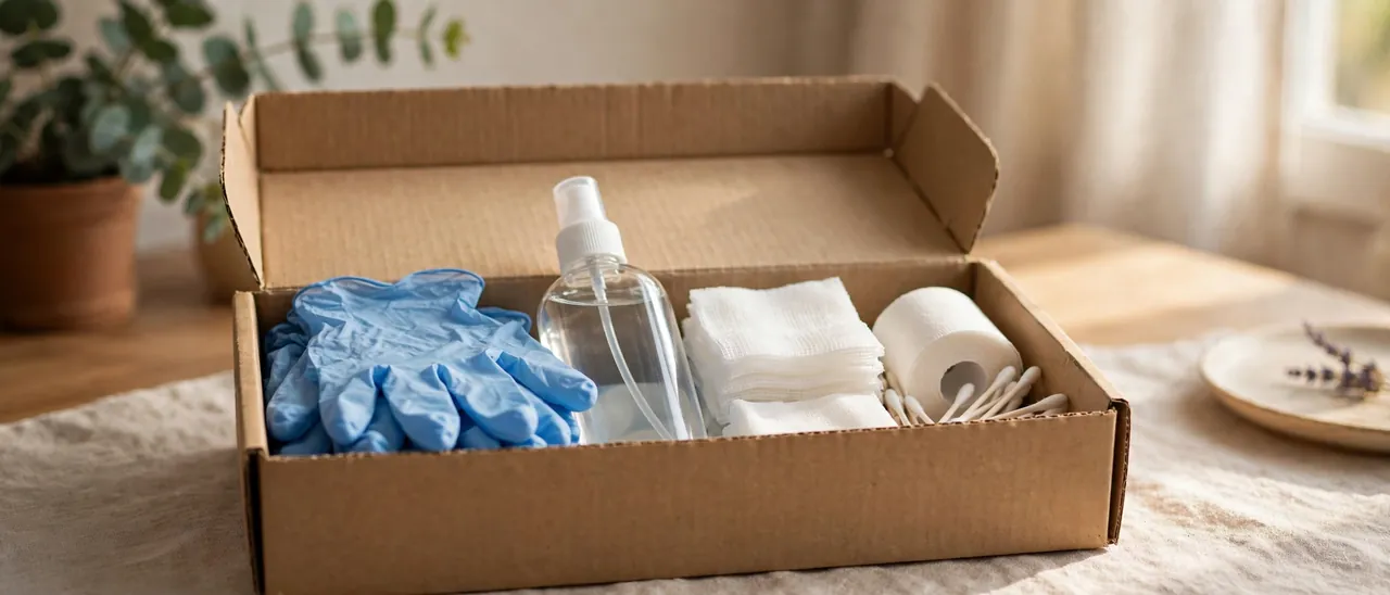 Pflegehilfsmittel wie Einmalhandschuhe und Desinfektionsmittel ordentlich in einer Box