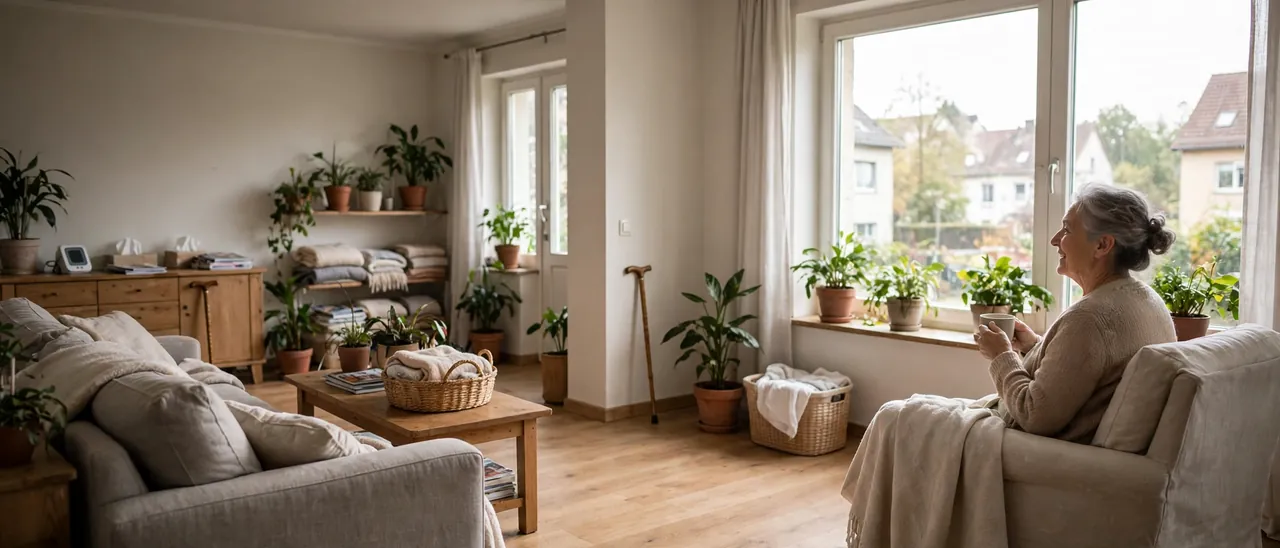 Seniorin lächelt zu Hause am Fenster mit einer Tasse in der Hand