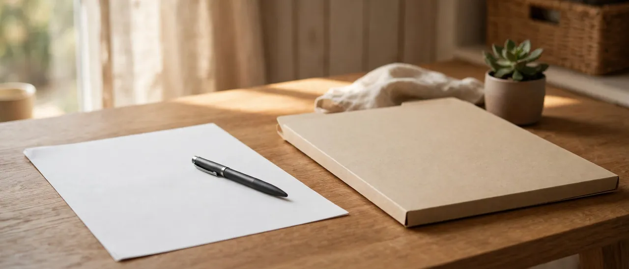 Brief und Stift auf einem Schreibtisch, daneben ein Aktenordner