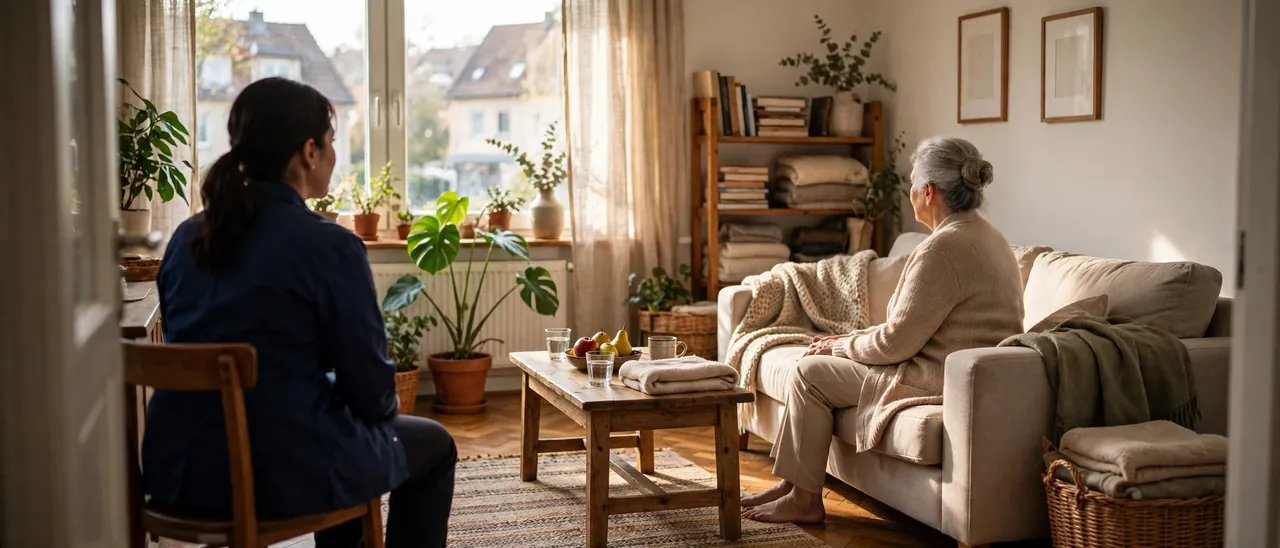 Pflegekraft und Seniorin unterhalten sich freundlich im heimischen Wohnzimmer