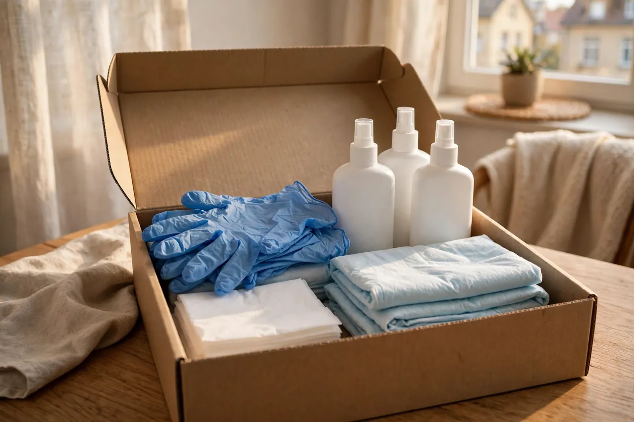 Offene Box mit Einmalhandschuhen Desinfektion und Bettschutz ohne Marken