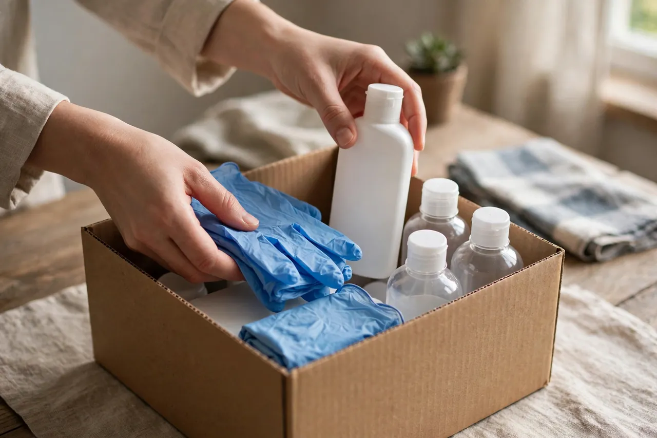 Hände packen generische Pflegeprodukte ordentlich in eine Lieferbox