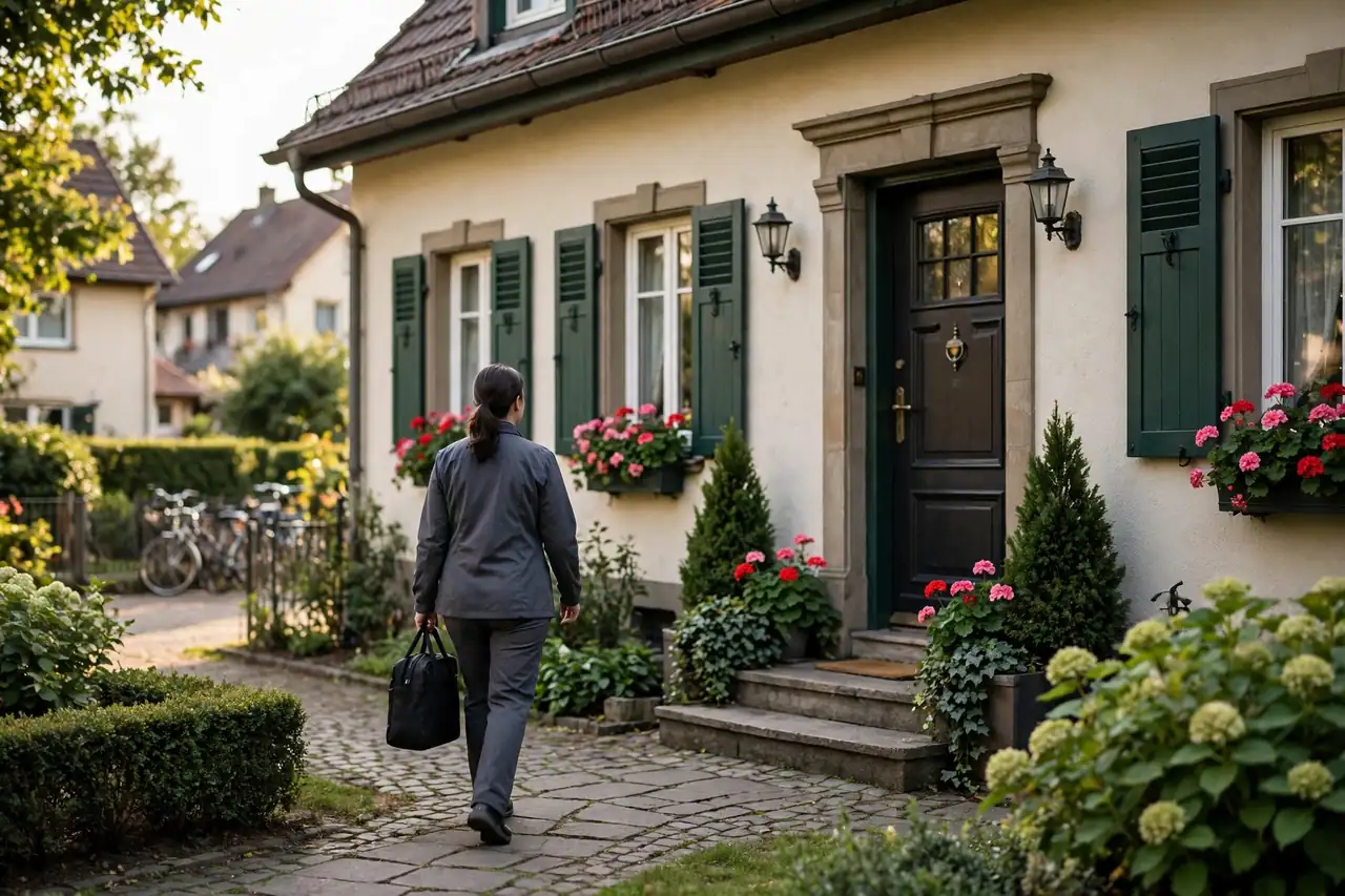 Pflegekraft mit Tasche geht auf die Haustür eines gepflegten Wohnhauses zu