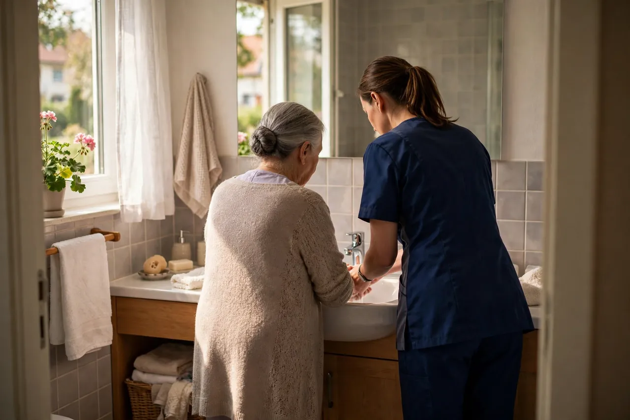 Pflegekraft hilft einer Seniorin behutsam bei der morgendlichen Pflege am Waschbecken