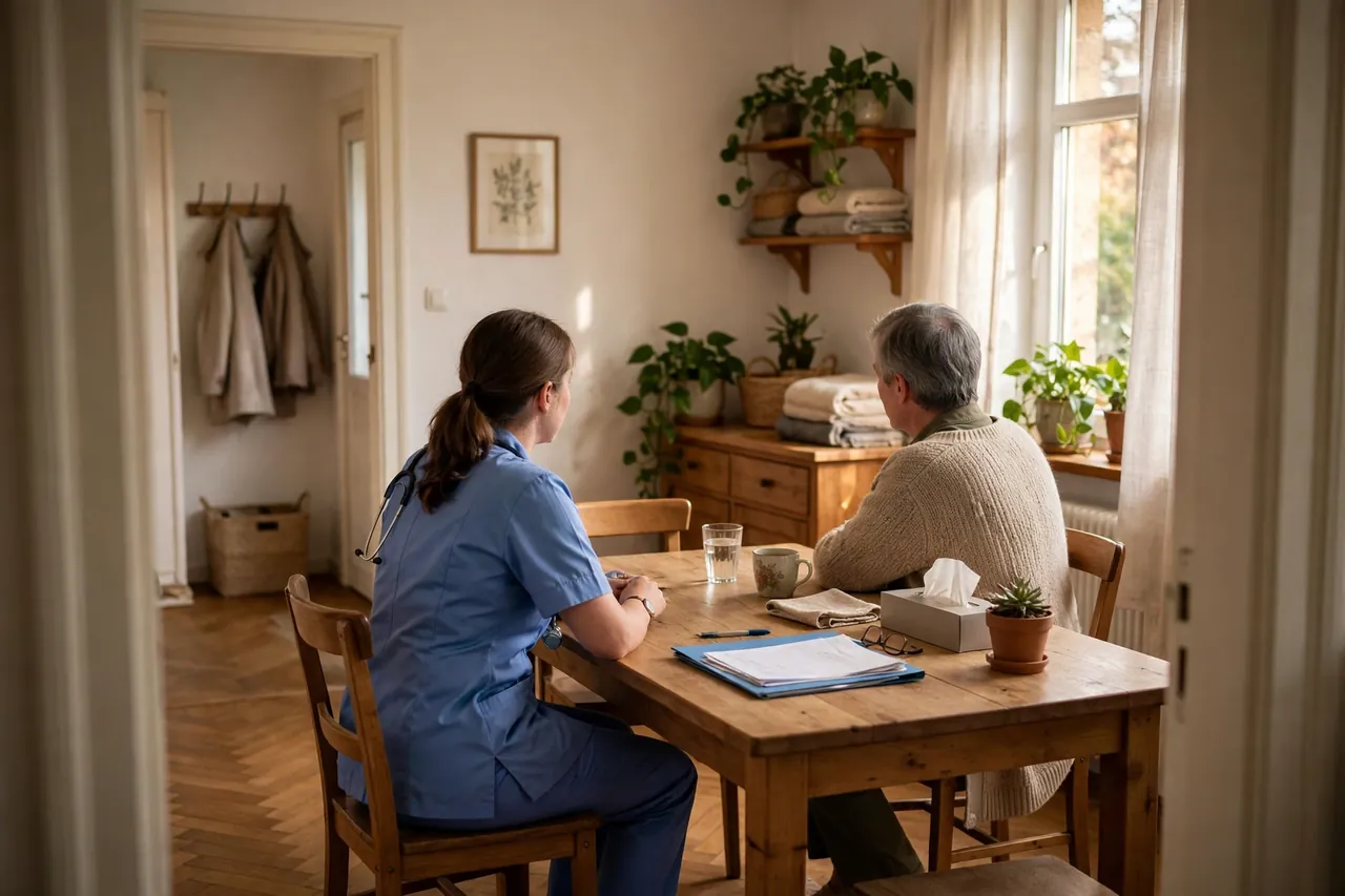 Pflegekraft und Angehöriger besprechen die Pflege bei einem Erstbesuch am Esstisch