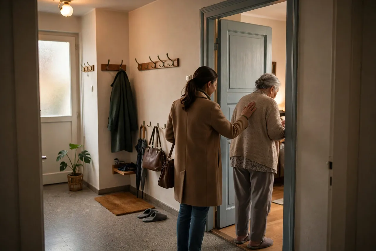 Pflegende Tochter verabschiedet sich an einer Wohnungstür von ihrer Mutter, seitlich