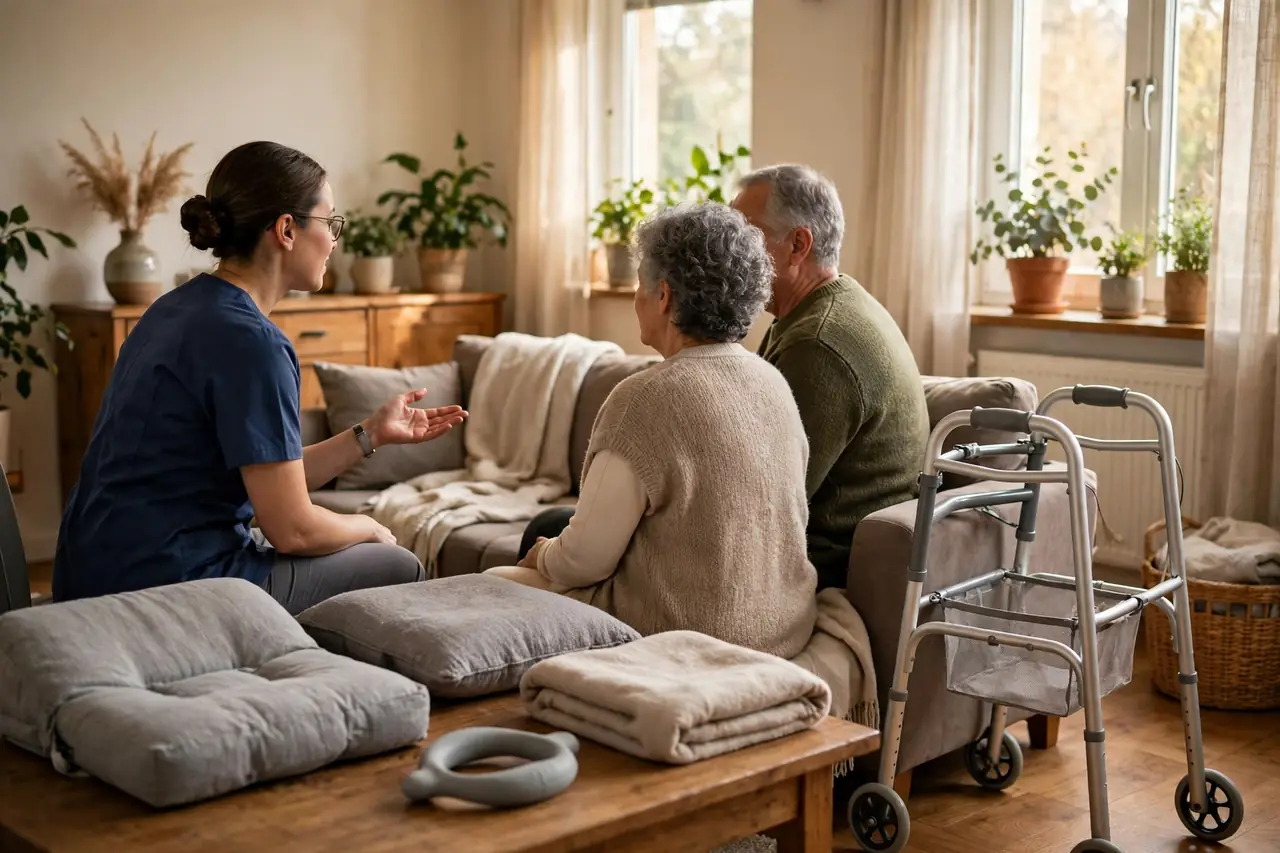 Pflegefachkraft berät eine Familie im Wohnzimmer zu Hilfsmitteln, seitliche Ansicht