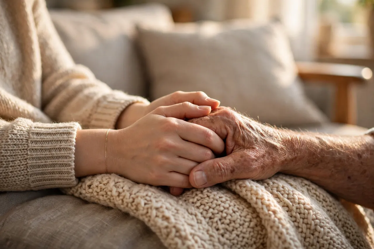 Pflegende Frau hält auf einem Sofa die Hand ihres älteren Vaters, Nahaufnahme der Hände