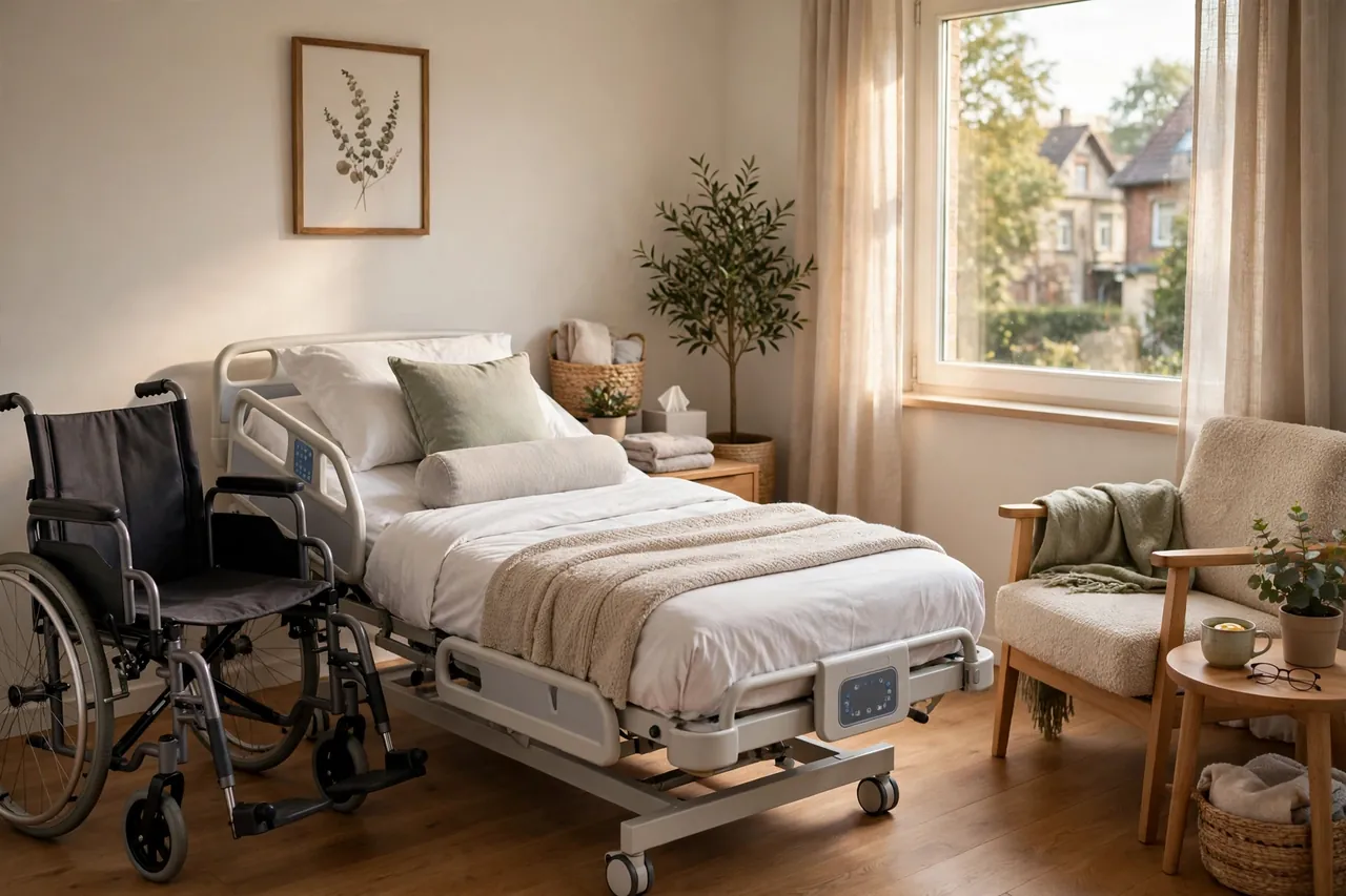 Pflegebett und Rollstuhl in einem hellen, freundlich eingerichteten Schlafzimmer zu Hause