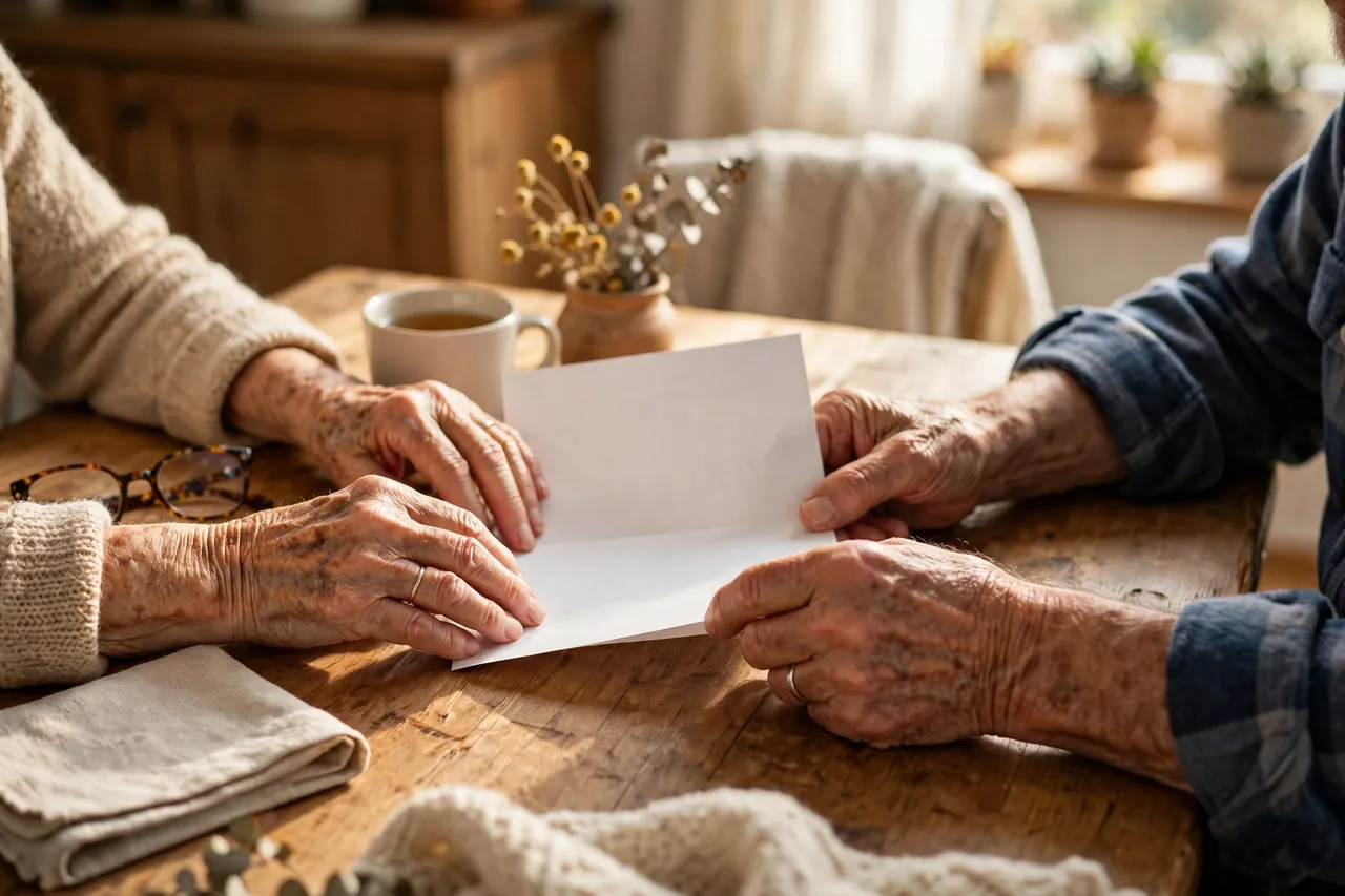 Hände eines älteren Paares prüfen gemeinsam einen Brief der Pflegekasse am Tisch