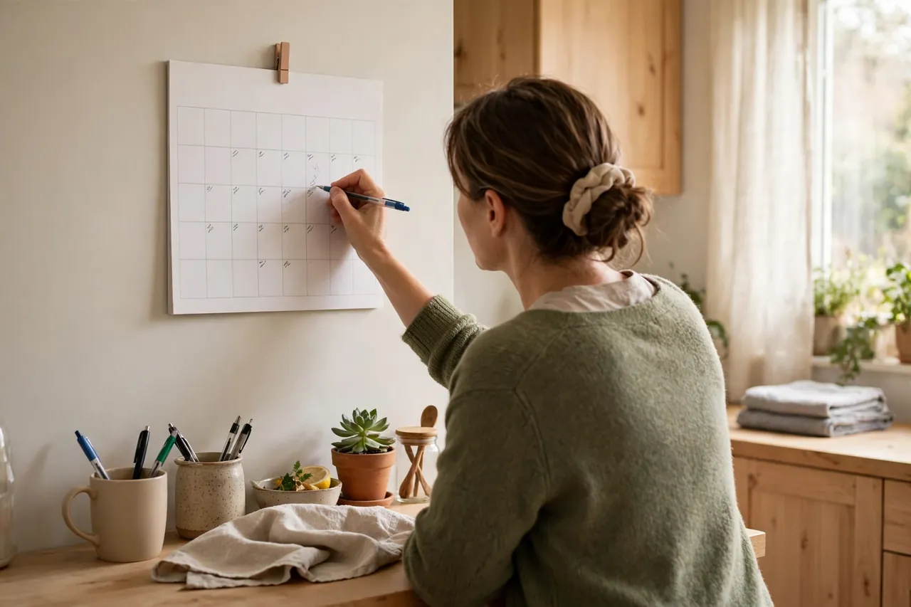 Pflegeperson trägt Termine und Notizen in einen Wandkalender in einer Küche ein