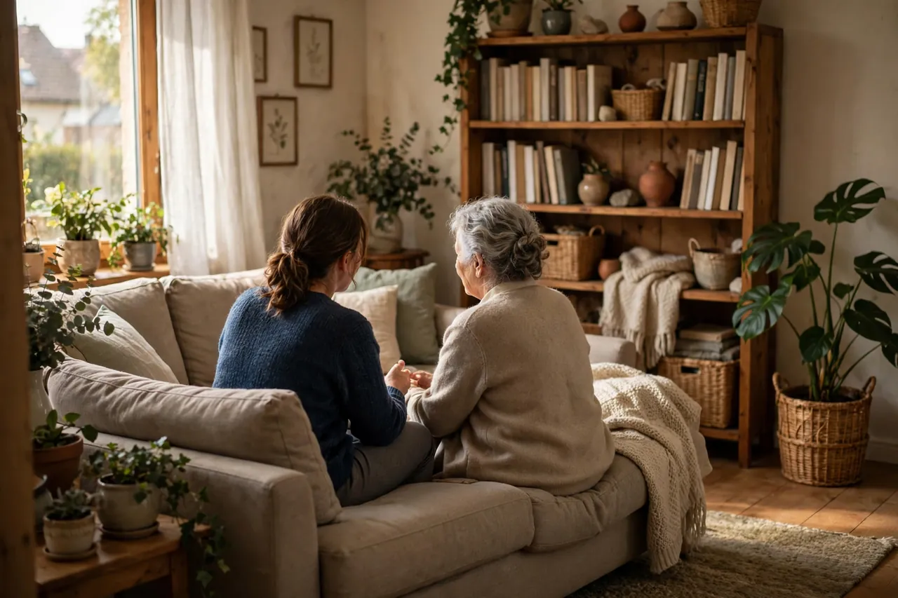 Betreuungskraft im Gespräch mit einer älteren Frau auf einem Sofa, aus der Distanz