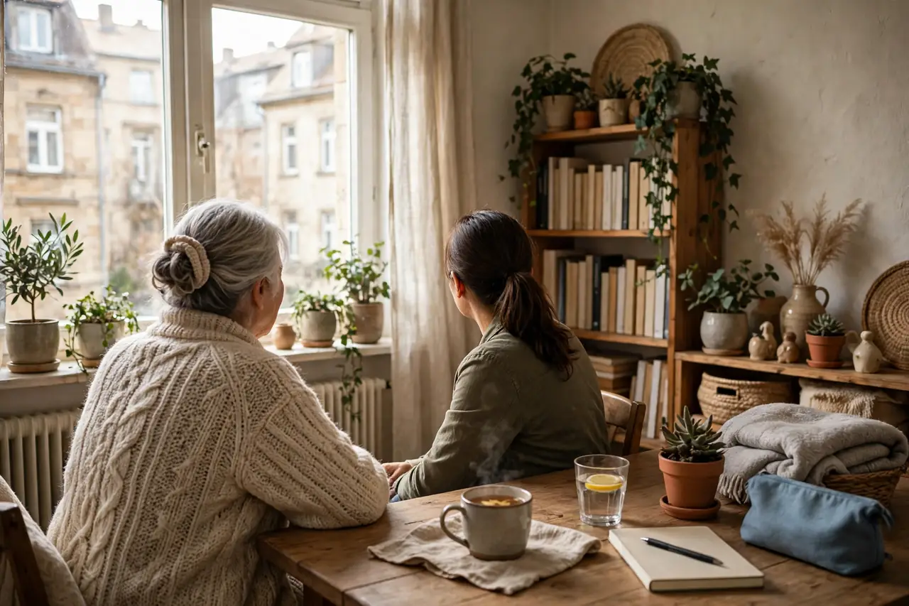 Ältere Frau von hinten am Fenster eines hellen Wohnzimmers mit Beratungsgespräch
