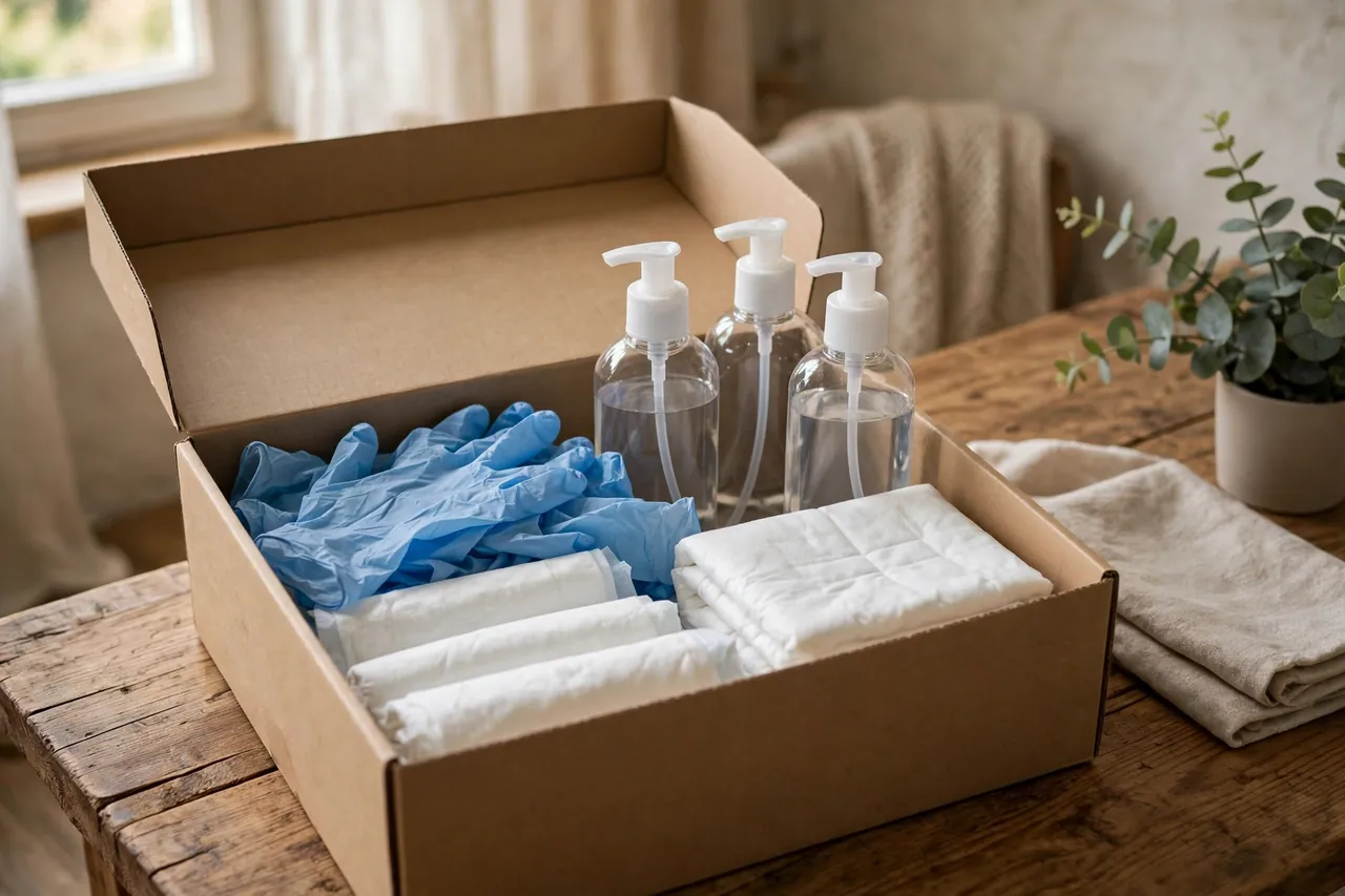 Pflegebox mit Handschuhen und Desinfektionsmitteln auf einem Holztisch zu Hause