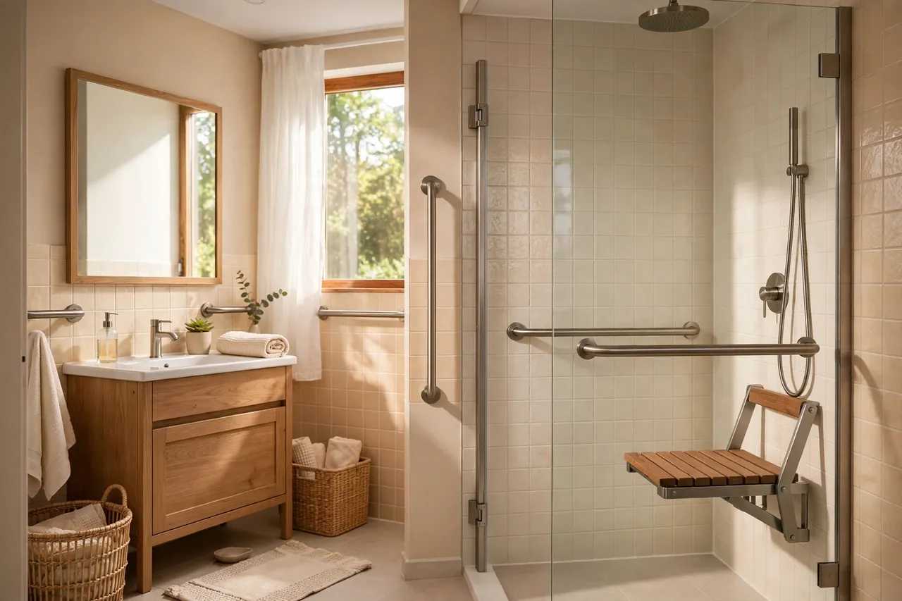 Barrierefreie Dusche mit Haltegriffen in einem modernisierten häuslichen Badezimmer