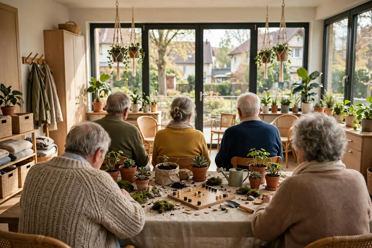 Ältere Frau in einer freundlichen Tagespflegeeinrichtung bei einer gemeinsamen Aktivität