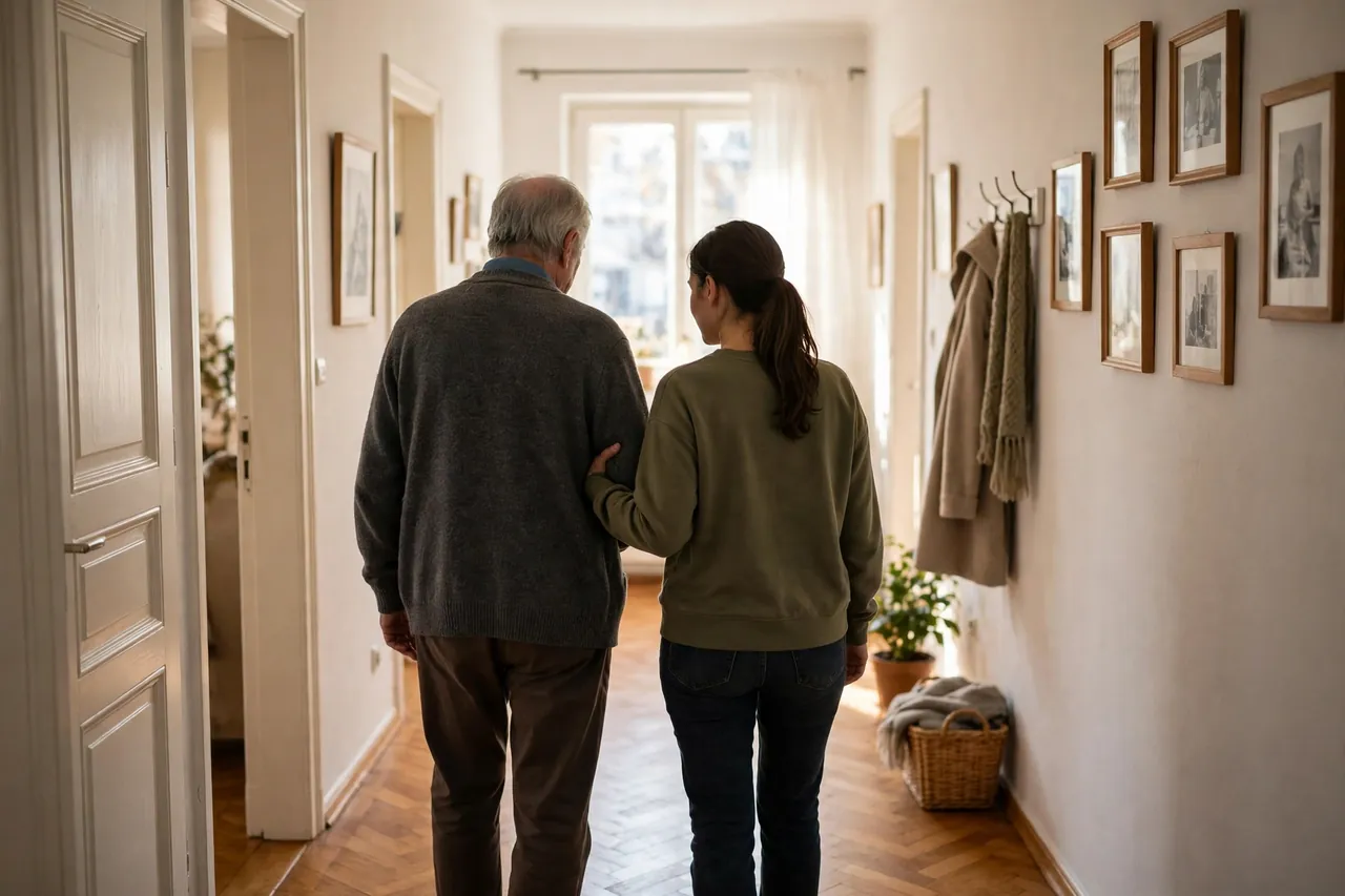 Tochter hilft ihrem Vater von hinten beim Weg durch einen hellen Wohnungsflur