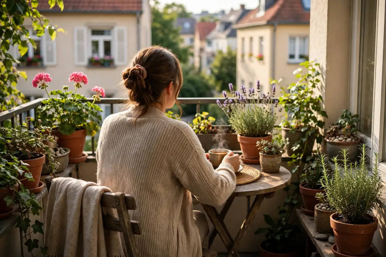 Ruhepause einer pflegenden Angehörigen mit Tee auf einem Balkon am Nachmittag