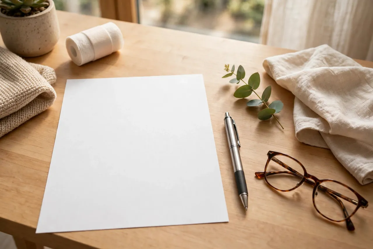 Leerer Antragsbogen und Stift liegen ordentlich auf einem hellen Tisch neben Brille