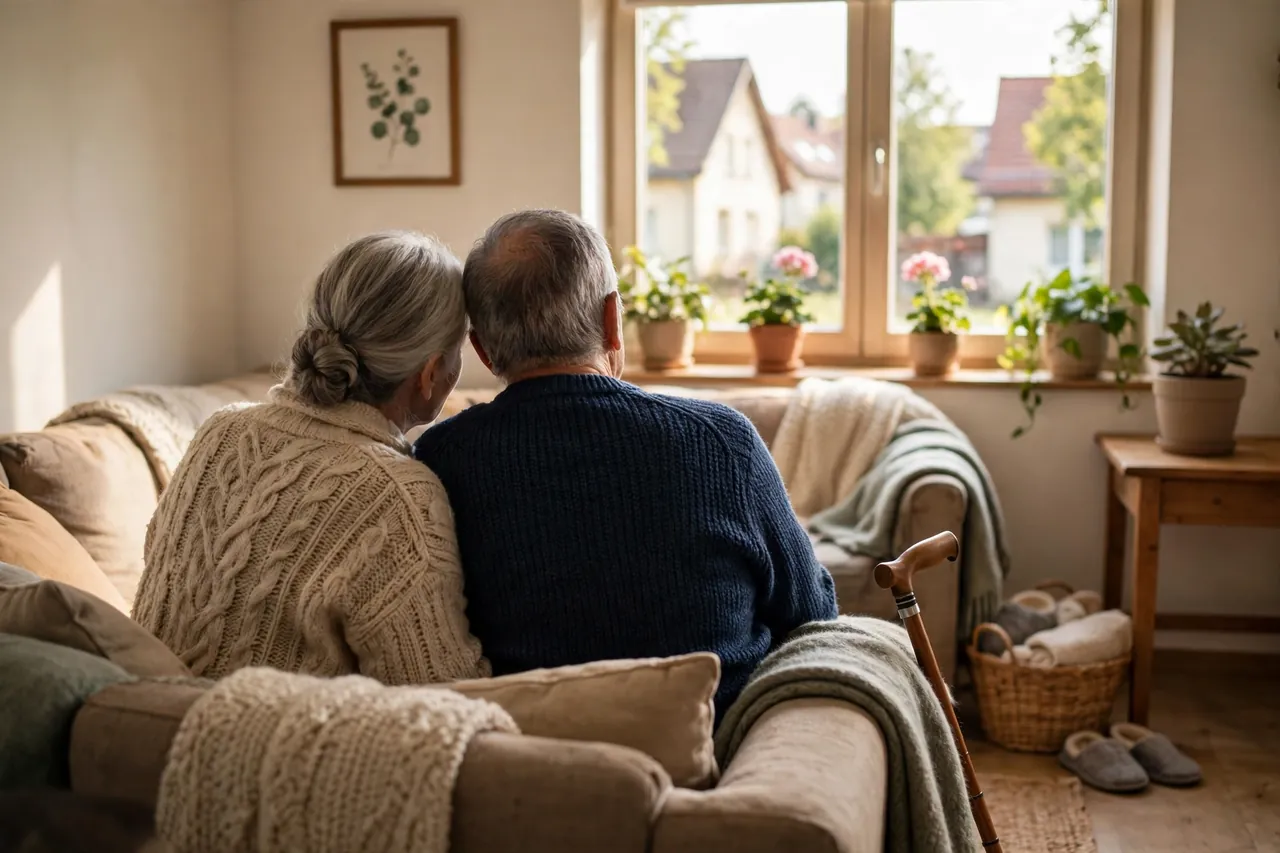 Älteres Paar von hinten auf einem Sofa zu Hause, blickt ruhig gemeinsam aus dem Fenster
