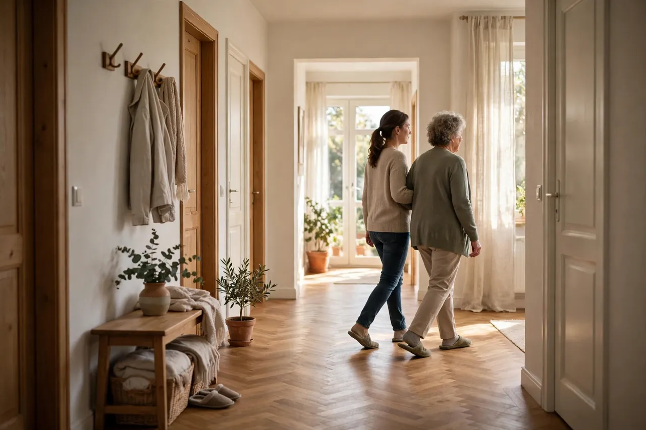 Tochter hilft ihrer älteren Mutter seitlich beim Gehen durch einen hellen Wohnungsflur