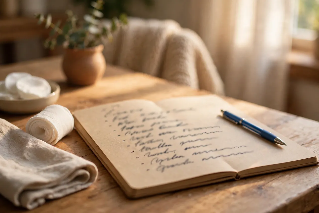 Notizbuch mit einfacher handgeschriebener Liste und Stift auf einem Tisch, ganz ohne lesbare Zahlen