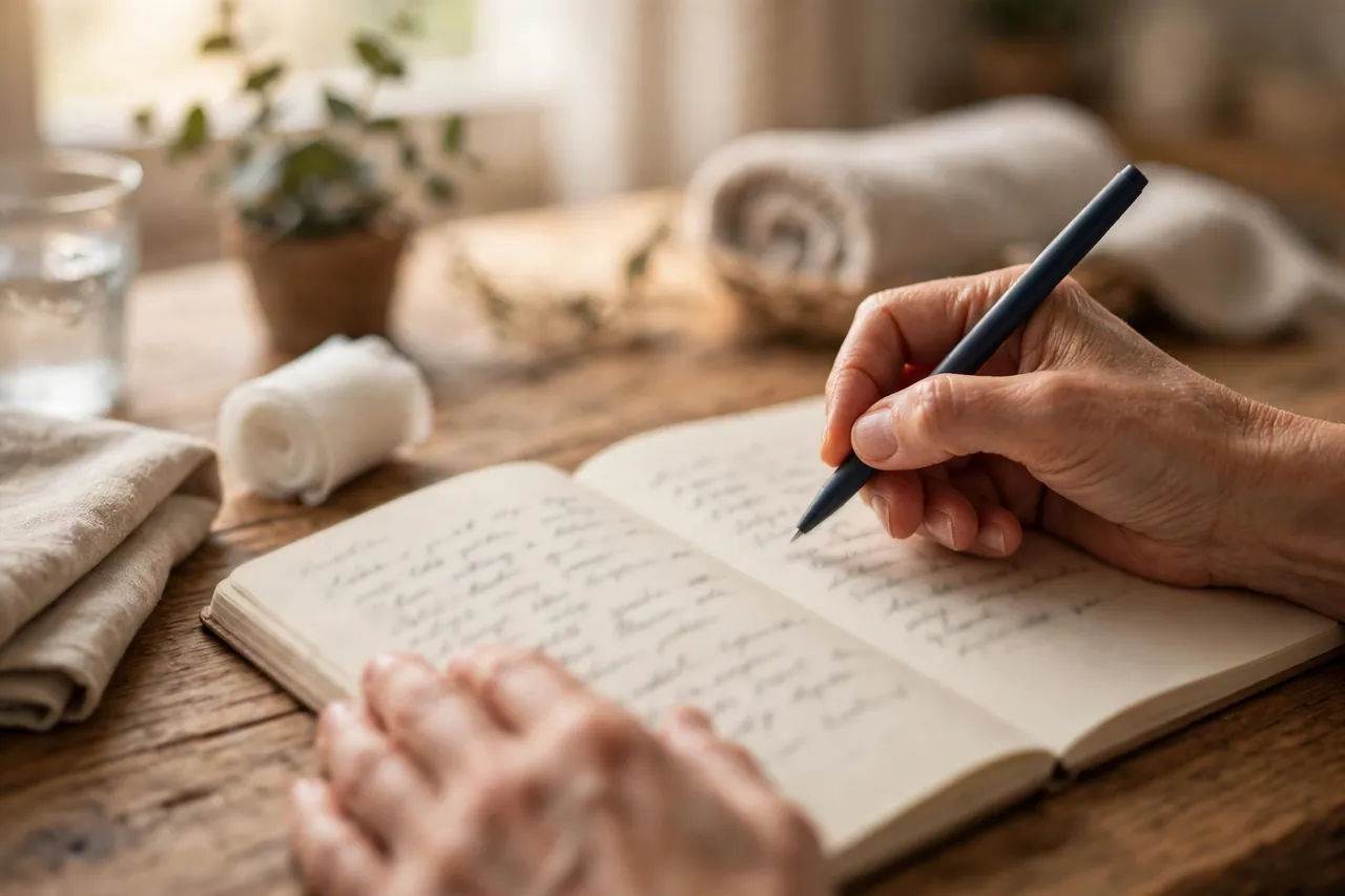 Hände halten einen Stift über einem Notizbuch mit kurzen Stichpunkten zum Tagesablauf zu Hause