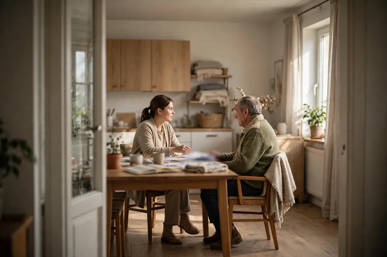 Angehöriger und älterer Mann besprechen seitlich am Tisch gemeinsam Notizen und nächste Schritte