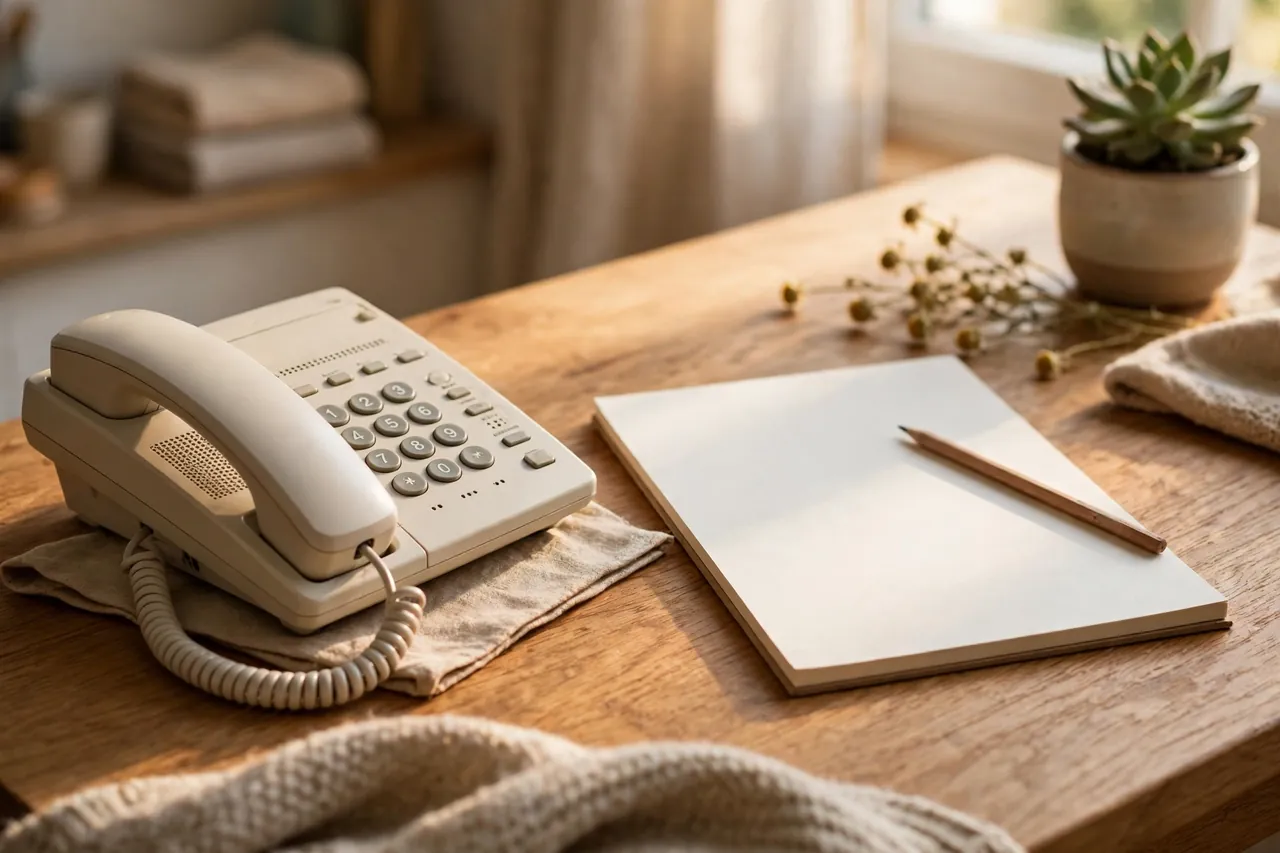 Telefon und Notizblock liegen bereit auf dem Tisch für den Anruf bei der Pflegekasse