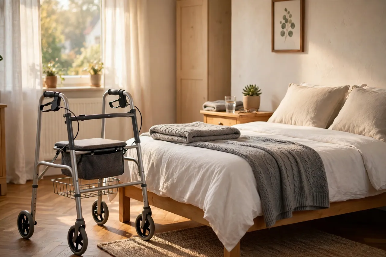 Rollator steht neben einem Bett in einem hellen Schlafzimmer, bereit für den nächsten Weg