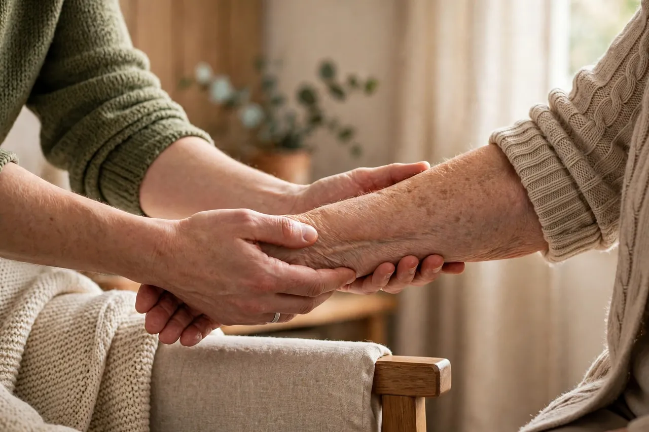 Hände einer pflegenden Angehörigen stützen behutsam einen Arm beim Aufstehen vom Stuhl