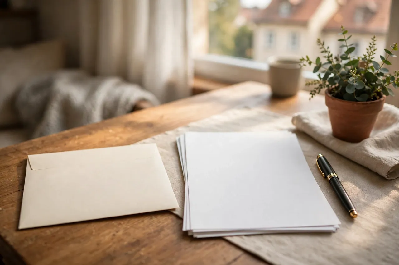 Bescheid und Briefpapier auf einem ruhigen Schreibtisch zu Hause