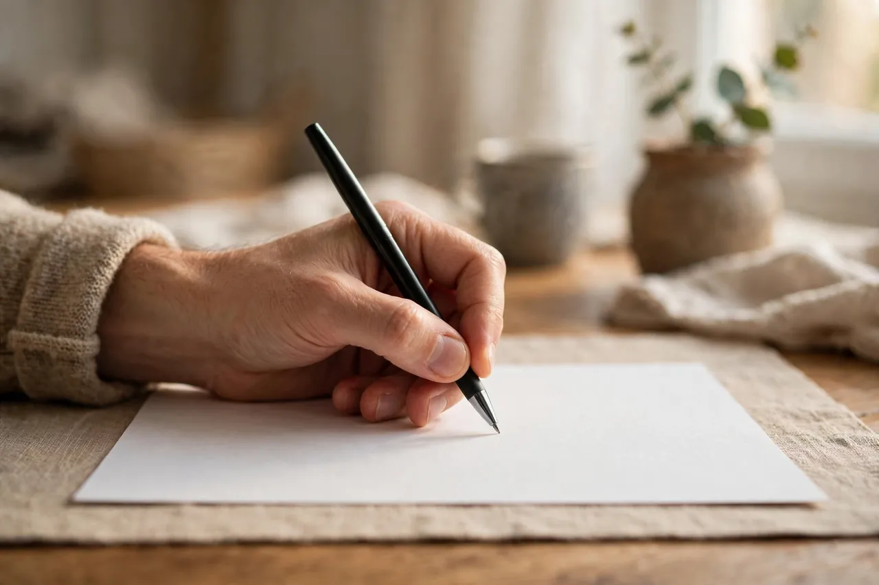 Hand schreibt mit einem Stift einen Brief an einem Schreibtisch