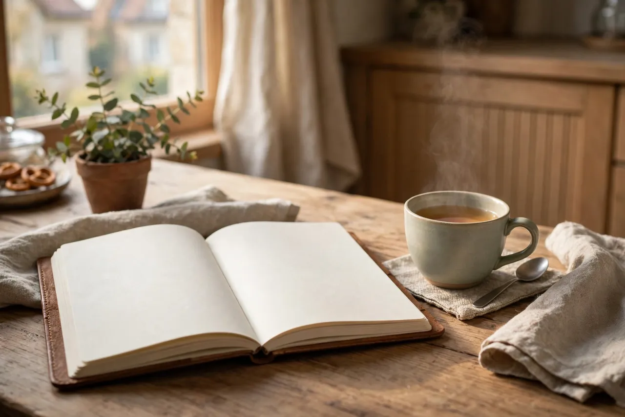 Pflegetagebuch und Notizen offen neben einer Tasse auf dem Tisch