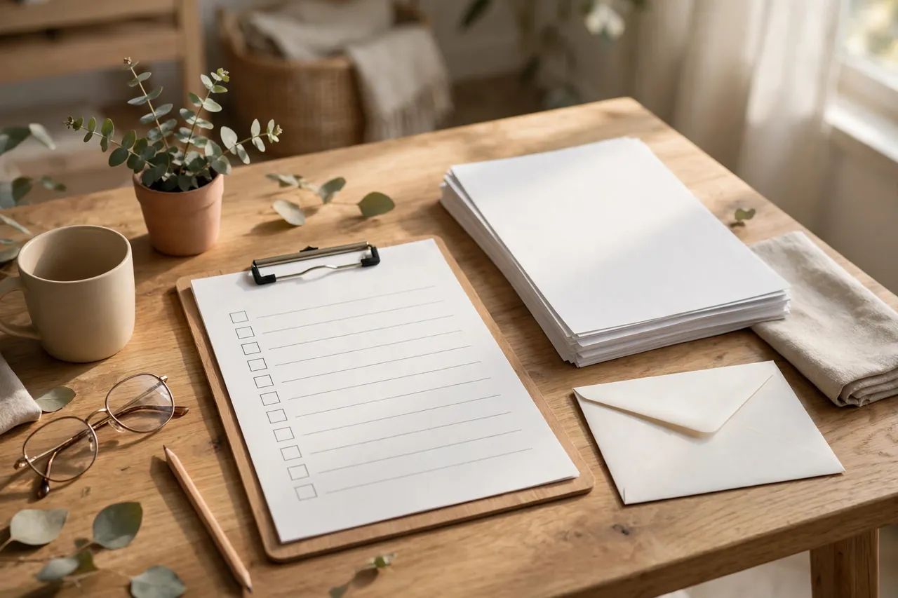 Checkliste und Unterlagen geordnet neben einem Brief auf dem Tisch